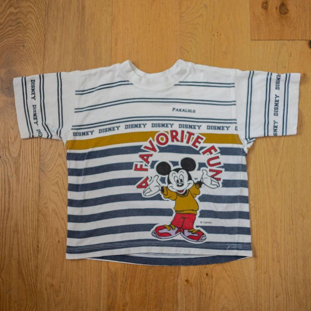 Vintage 80s Disney Mickey Mouse Striped Nautical Hawaiian Retro Kids T Shirt